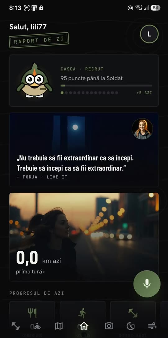 Ecranul principal FORJA: raportul de zi, Casca recrutul și modulele