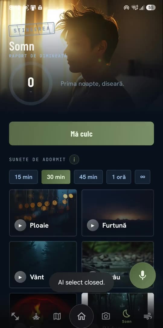 Modulul Somn: stingerea, sunete de adormit, cicluri